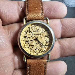 Giordano ladies quartz fashion watch gold tone cork style dial brown strap